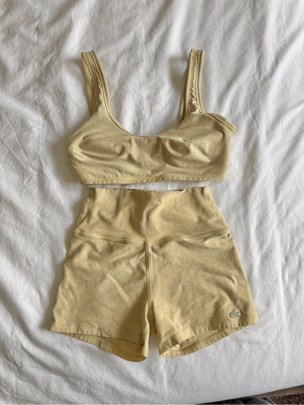 ALO Soft Warm Butter set center stage bra carefree shorts yellow